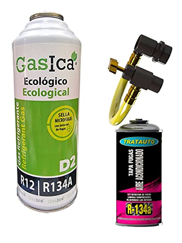 Gasica D2 226g. (Pack Gasica + Tapafugas Tratauto) Botella Refrigerante Orgánico Ecológico Sustituto del R12 y R134A para Recarga de Aire Acondicionado Coches