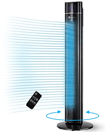 PureMate Ventilador de torre oscilante de 109 cm con purificador de aire y función de aroma, 3 velocidades de ventilador, pantalla LED, temporizador, ventilador de piso portátil sin aspas