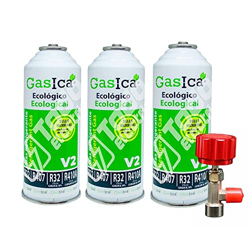 Pack 3 Bombonas Gasica V2 Gas Refrigerante Ecológico Orgánico sustituto R22, R407, R32, R410A Y R290 para Recarga Aire acondicionado más Llave de Paso de perforación 1/2 hembra para botellas Gasica