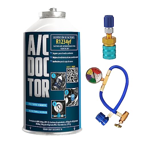 AC DOCTOR Kit Gas Refrigerante Orgánico Ecológico sustituto del R1234yf para recarga aire acondicionado de coche a partir de 2017 y manguera con manómetro y adaptador R1234yf